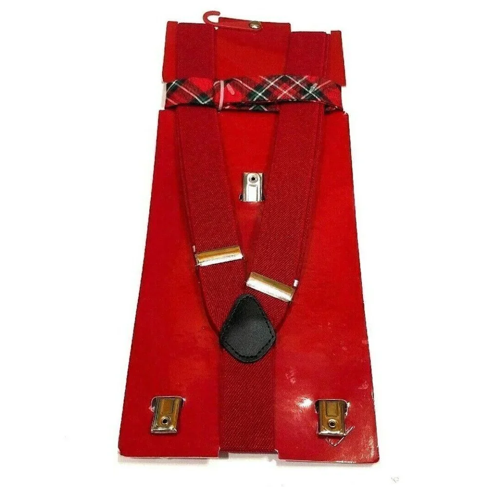 Christmas Holiday Red Plaid Suspender Bow Tie Set